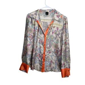 Violet B Blouse Women's Large Satin Paisley Colorful Button Up Preppy Top